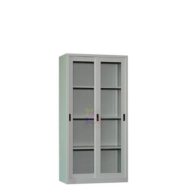 Almari besi, full height glass sliding door cabinet