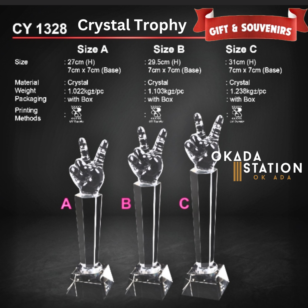 GIFT & SOUVENIRS: CY 1328 CRYSTAL TROPHY WITH PRINTING - 3 SIZE / CRYSTAL AWARD / AWARD TROPHY / CRYSTAL / TROPHY / AWARD / CY 1328-A / CY 1328-B / CY 1328-C / 27CM(H) / 29.5CM(H) / 31CM(H)