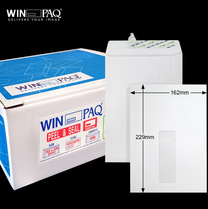 6.375"X9" WINPAQ 100GM WHITE WINDOW P&S POCKET ENVELOPE (500'S/BOX)