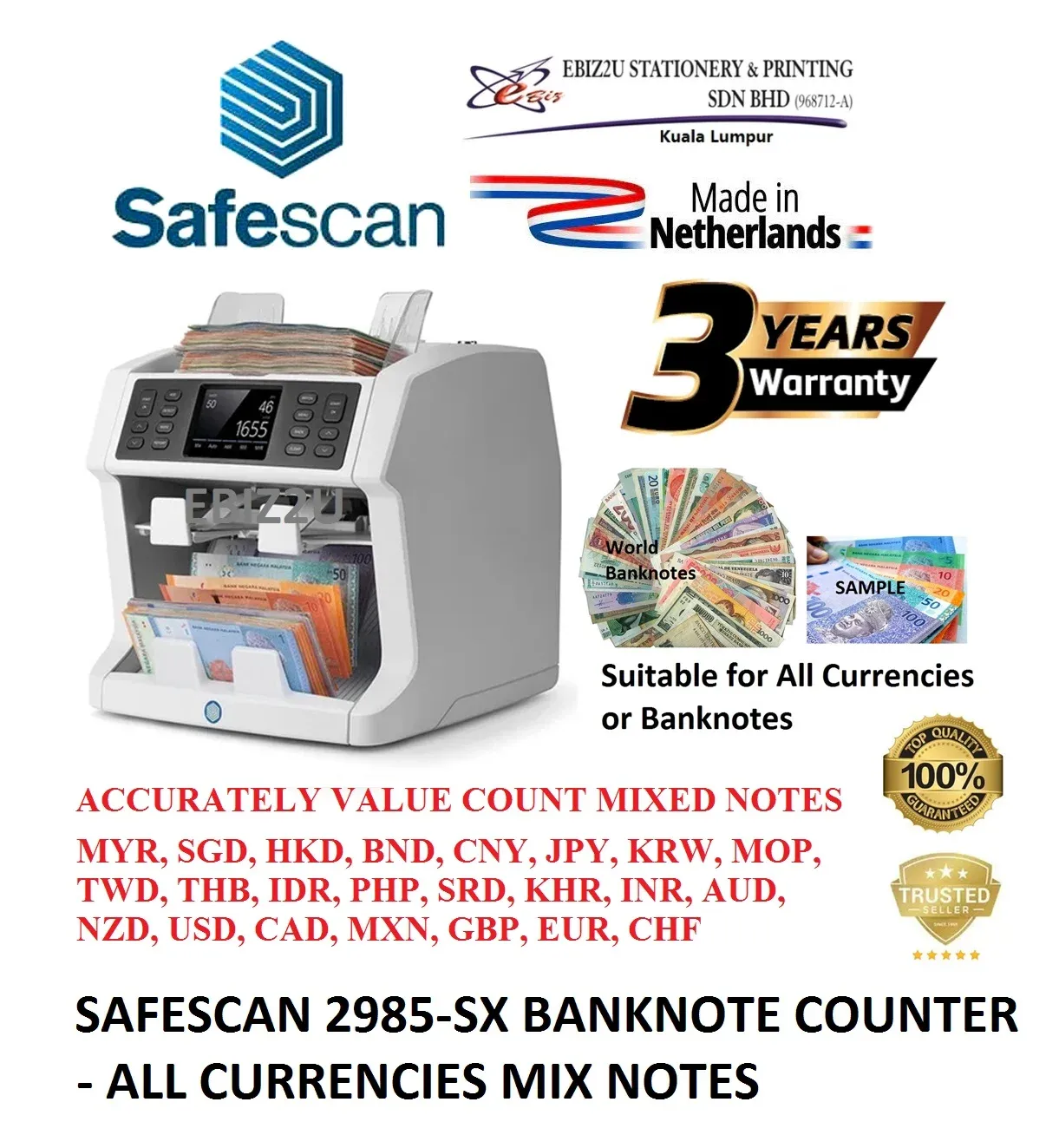SAFESCAN 2985-SX BANKNOTE COUNTER - all currencies mix notes (note counter machine, Banknote Counter, Bill Counter, Money Counting Machine, Money Notes Counter, Money counter Machine, Cash Machine)