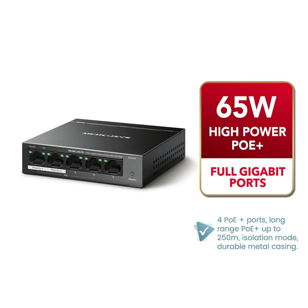 MERCUSYS 5-PORT GIGABIT 10/100/1000MBPS DESKTOP SWITCH WITH 4-PORT HIGH POWER POE+ MS105GP (POWERED BY TP-LINK?