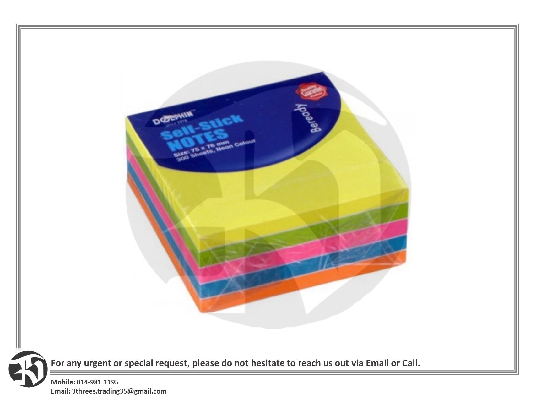 Dolphin 3”x3” Neon Colour Sticky Notes (300pcs/Pkt)