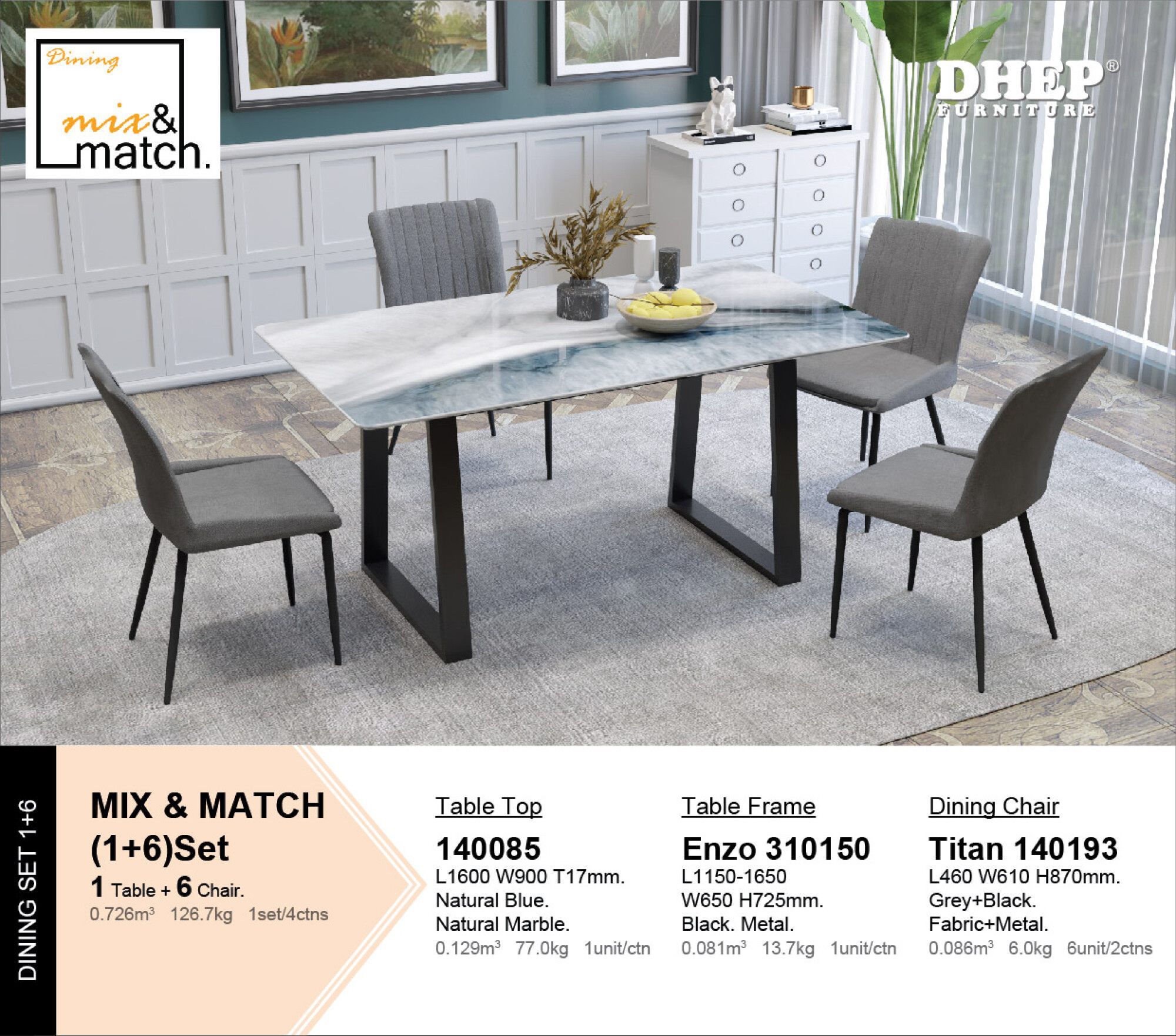 HP DINING TABLE SET + 6 CHAIRS / 6'S DINING SET / MARBLE TOP / MEJA MAKAN / DINING SET / 140085