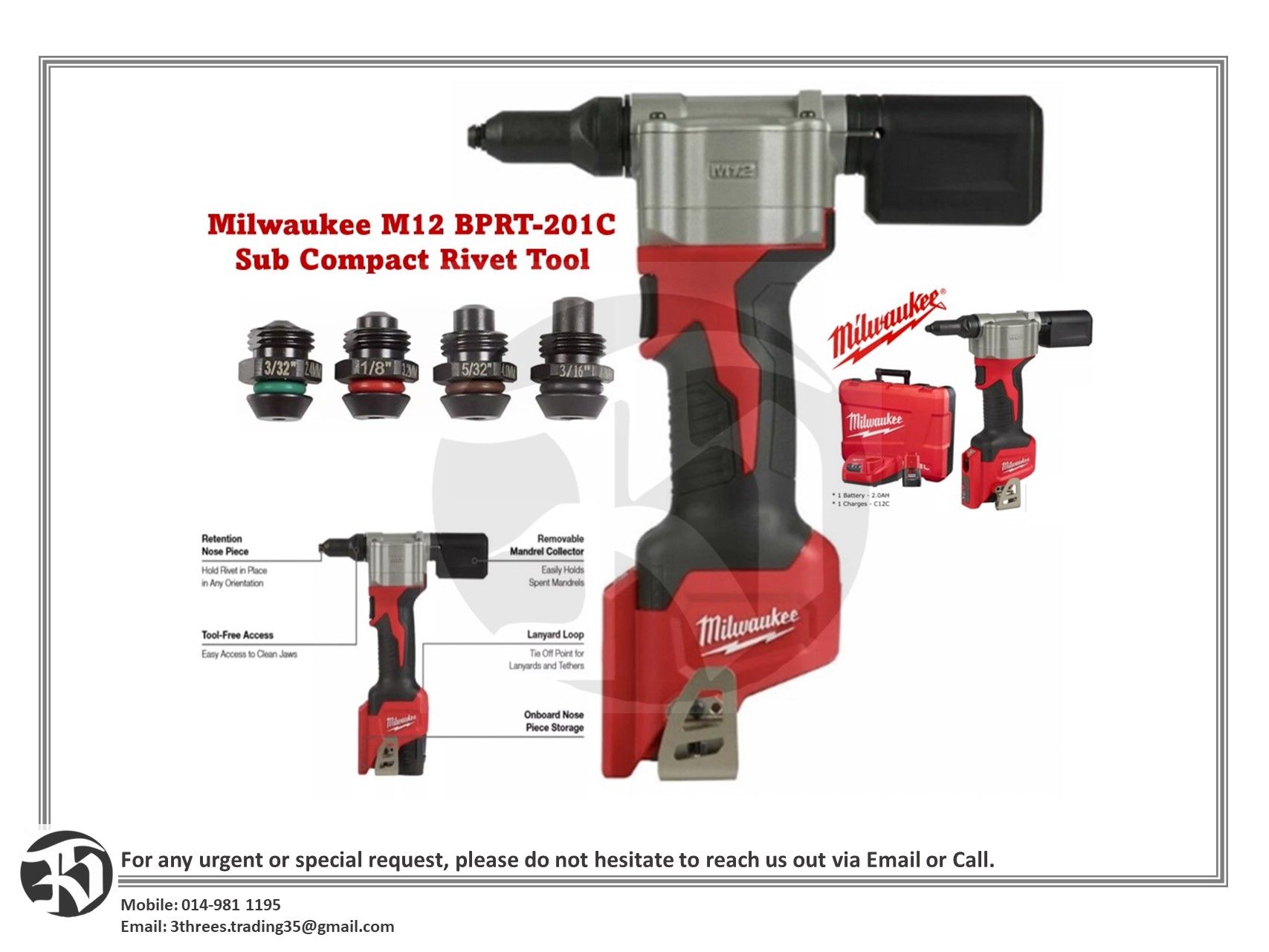 MILWAUKEE M12 BPRT-201C Sub Compact Rivet Tool