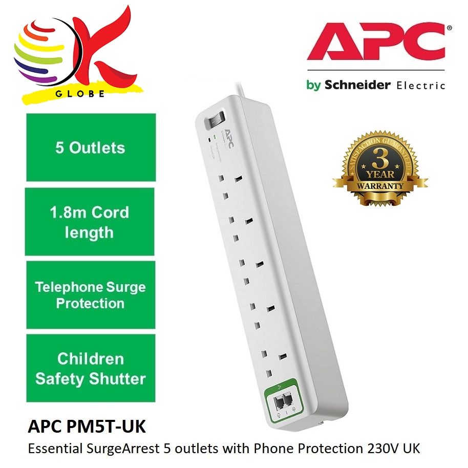 APC *APC PM5T-UK Lightning Surge Protector UK 3 Pin Plug Essential Surge Arrest Power Extension 5 Outlets 230V