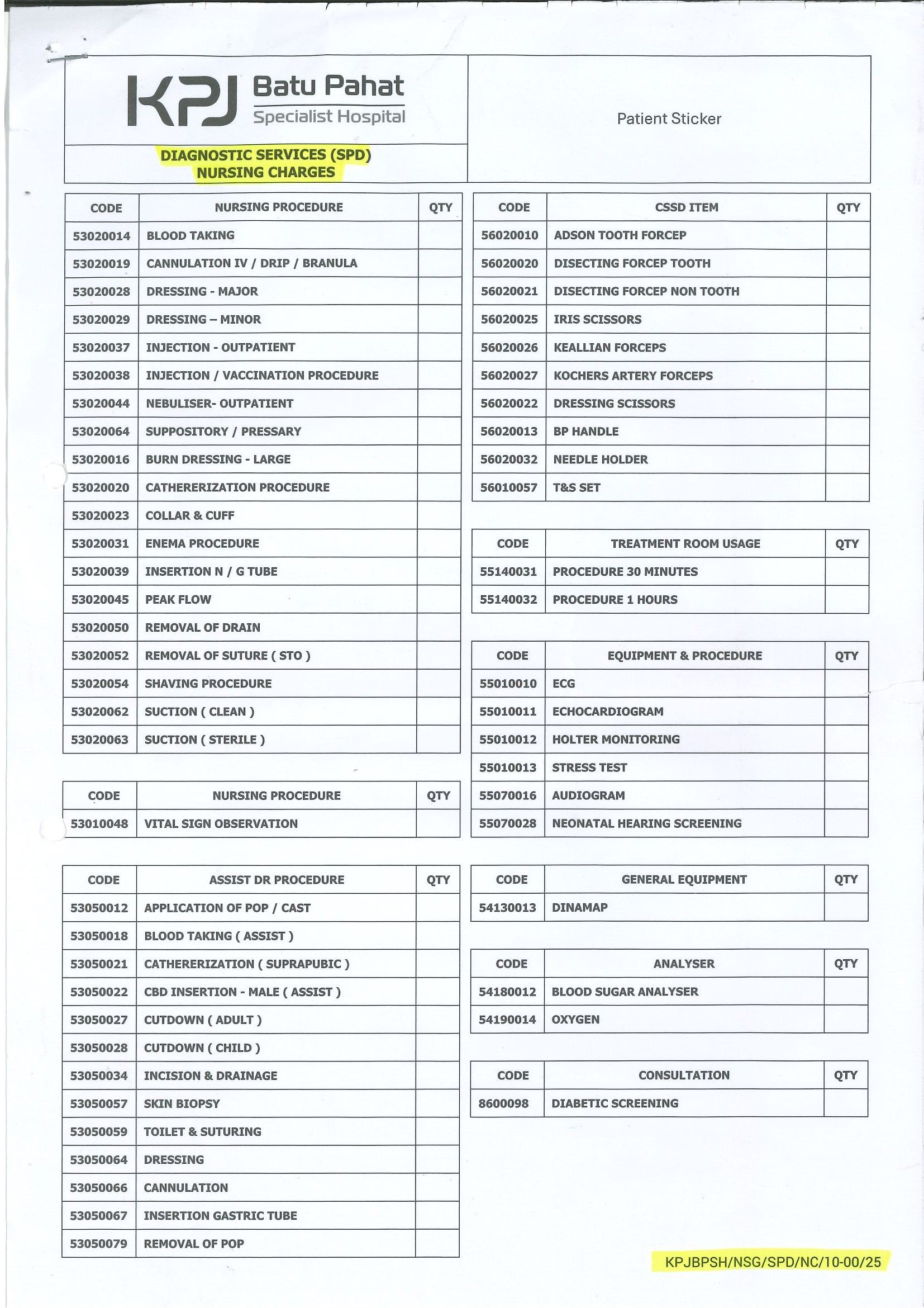 Diagnostic Services (SPD) Nursing Charges