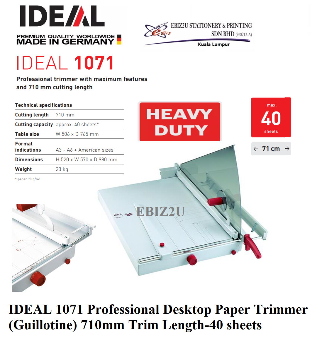 IDEAL 1071 Professional Desktop Paper Trimmer (Guillotine) 710mm Trim Length-40 sheets (Pemotong Kertas, Paper Cutter, Paper Cutter, Paper Trimmer, Heavy Duty Cutter, A4 paper cutter, A3 paper cutter)