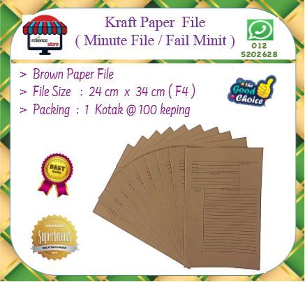 Kraft Paper File / Minute File / Brown Paper File / Fail Minit / Manila File # F4 Size # RP0897 ( KTT : 1 Kotak @ 100 pcs )