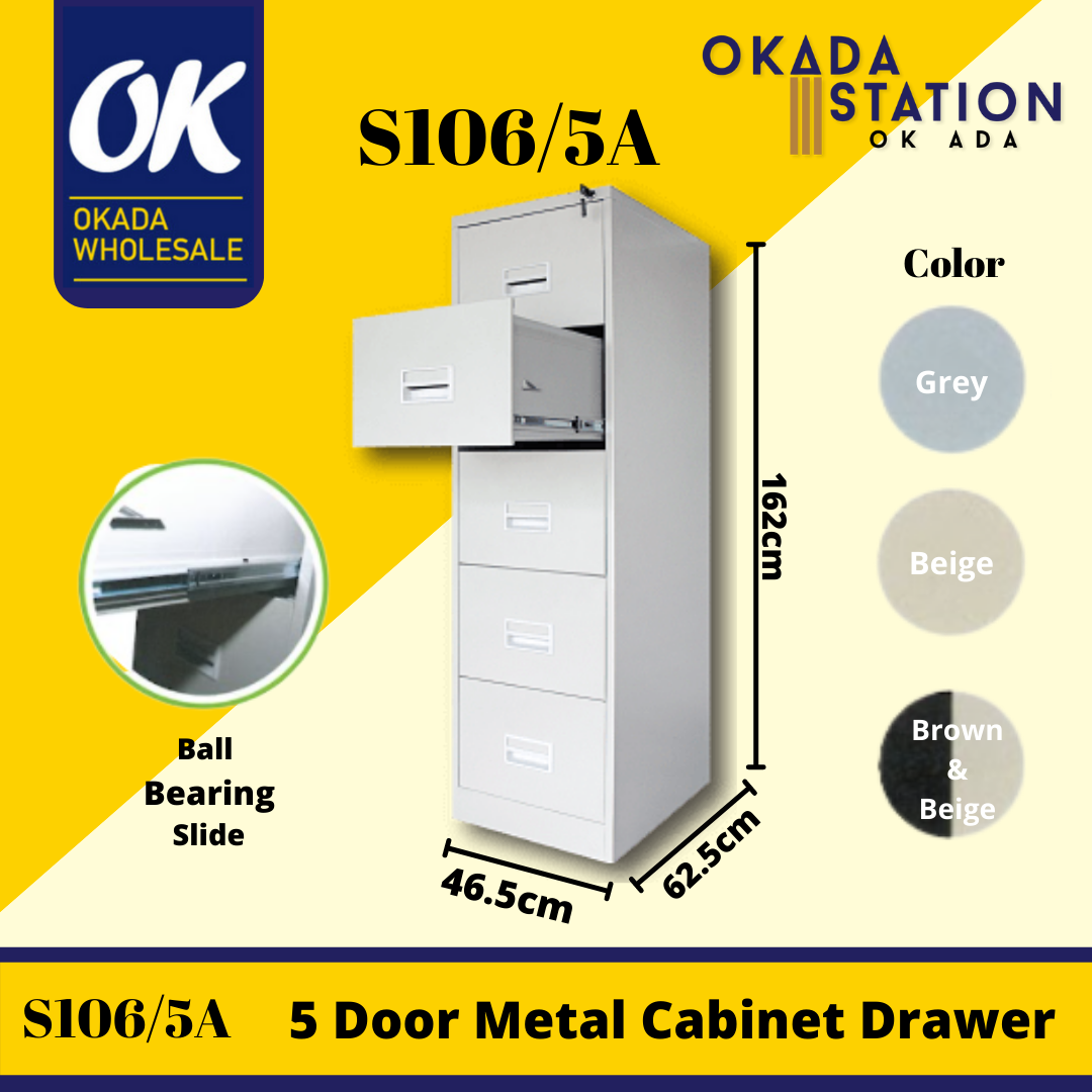 OKADA S106/5A 5 Drawer Filing Cabinet (With Recess Handle & Ball Bearing Slide) / Filing Cabinet / S106/5A / Almari Besi / Steel Drawer Cabinet / 5 Layer Metal Drawer / 5 Drawer Filing Cabinet / Metal Cabinet / Cabinet / 5 Drawer