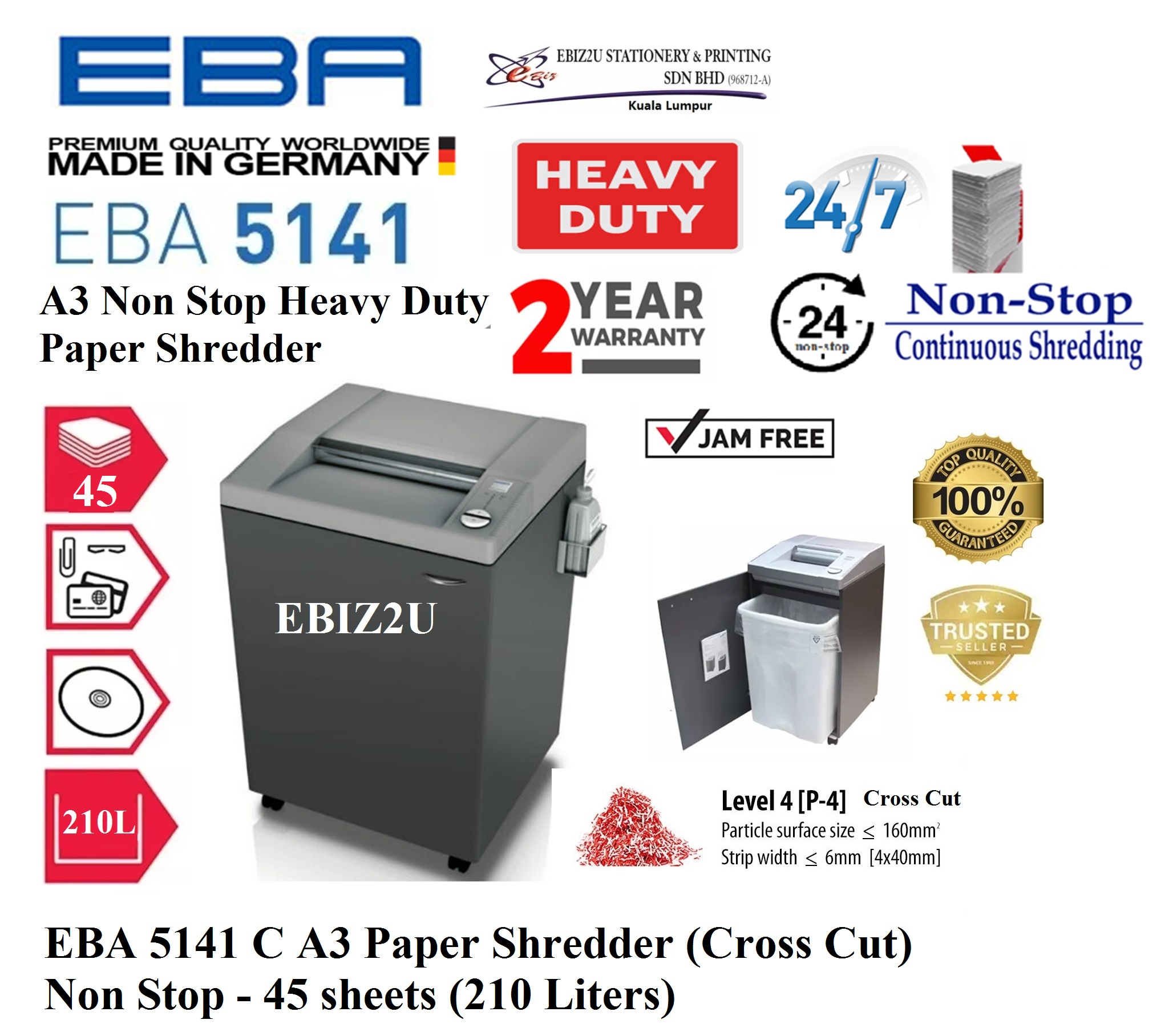 EBA 5141 C Paper Shredder (Cross Cut) - 45 sheets (210 Liters) Paper Shredder,Shredder Machine, Heavy Duty A3 Paper Shredder, Cross Cut, Office Shredder,Mesin Penghancur Kertas, Heavy Duty Shredder, Heavy Duty Paper Shredder, Heavy Duty