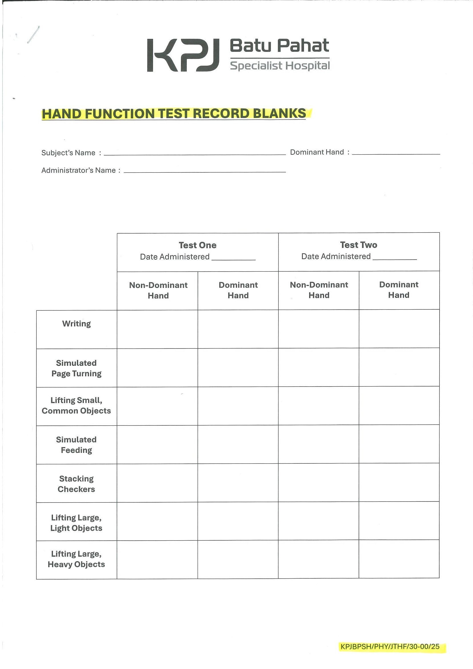 Hand Function Test Record Blanks