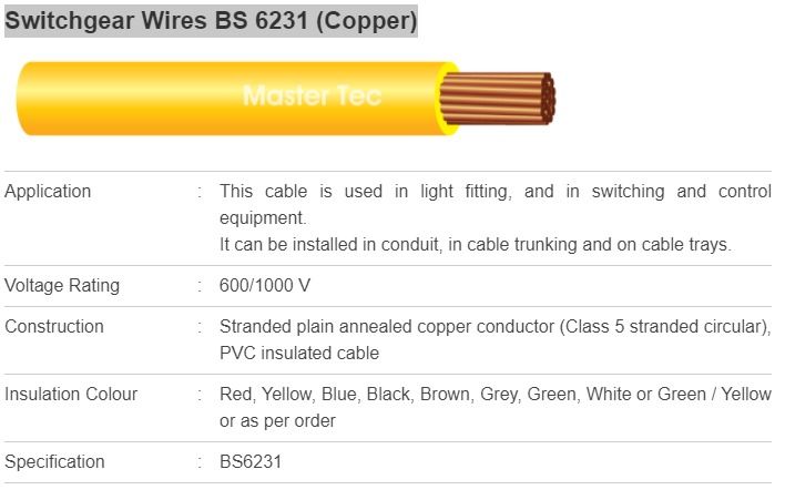 Switchgear Wires BS 6231 (Cooper) 2.5mm 600/1000V Grey Master Tac