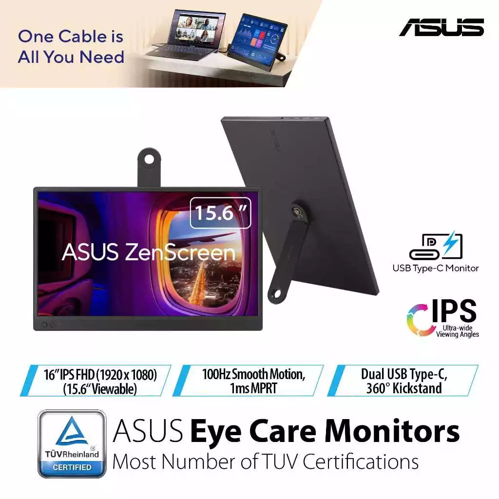 ASUS ZENSCREEN MB169CK 15.6" PORTABLE MONITOR ( 15.6" IPS FHD / 5MS / 60HZ / MINI HD MI + TYPE C )