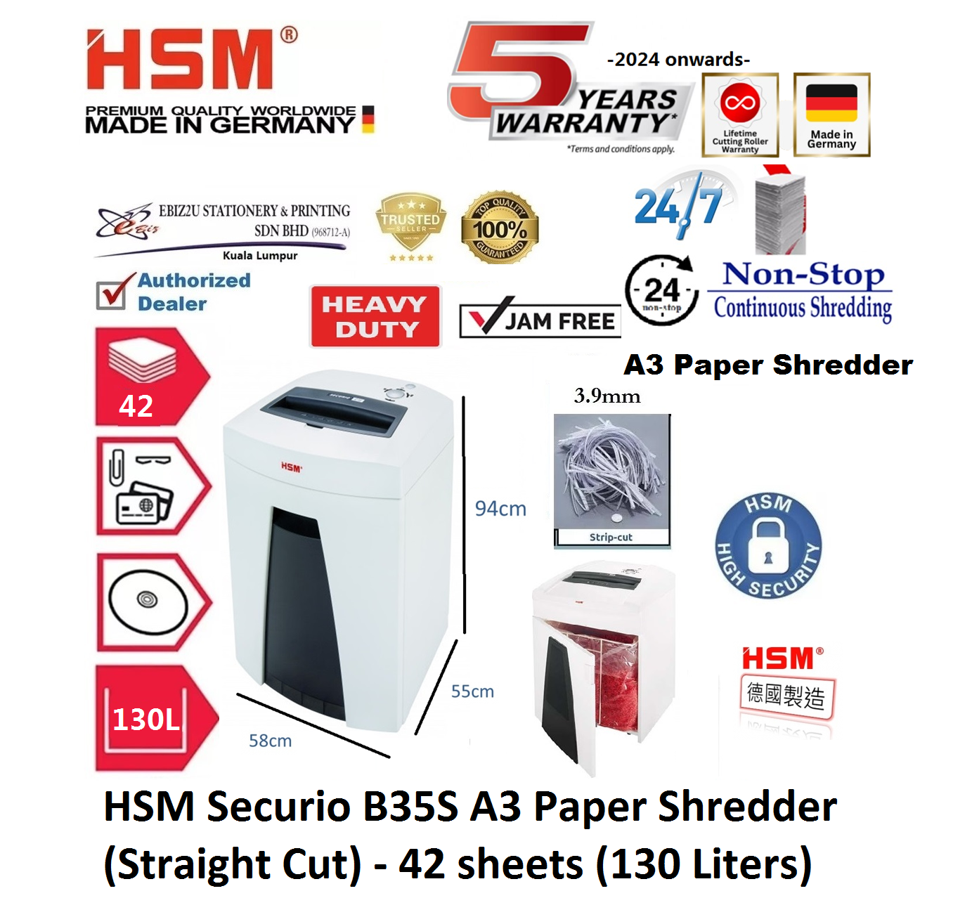 HSM Securio B35 S A3 Paper Shredder (Straight Cut) - 42 sheets (130 Liters) ( B35S, non stop, Strip Cut, Straight Cut, Paper Shredder, Shredder Machine, Office Shredder, Mesin Penghancur Kertas, Heavy Duty Shredder, Heavy Duty Paper Shredder)