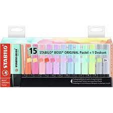 15Pcs Set Stabilo Boss Original Highlighter 70 2mm/5mm Fluorescent Colour And Pastel Colour With Deskset
