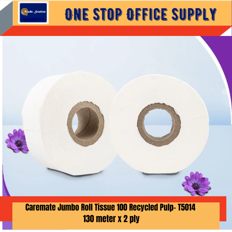 T5014 / Caremate Jumbo Roll Tissue 100 - Recycled Pulp / 130 Meter x 2 Ply / Tisu Tandas Jumbo Office/Kilang Murah