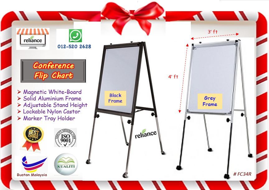 Conference Flip Chart - 3' ft x 4' ft / Magnetic Whiteboard Flip Chart # Aluminium Frame # Adjustable Height # Lockable Castor # FC34R # Buatan Malaysia # RS1889 ( KTT : 1 Unit )