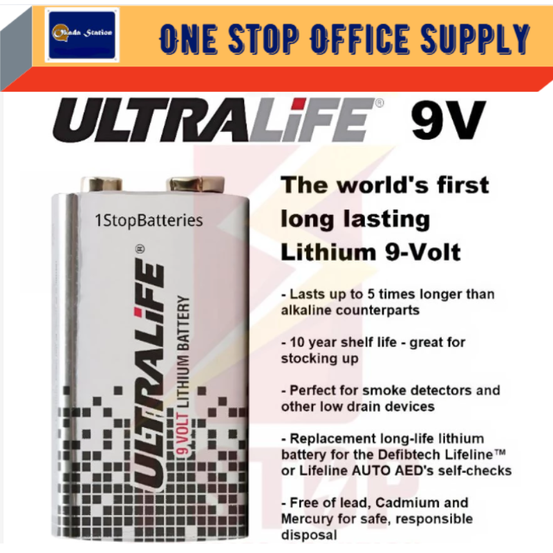 Ultralife /U9VL-J-P - 9V/ Block Power Cell/ Lithium/ Batterie 9V/ 1200mAh/ Exp 2034