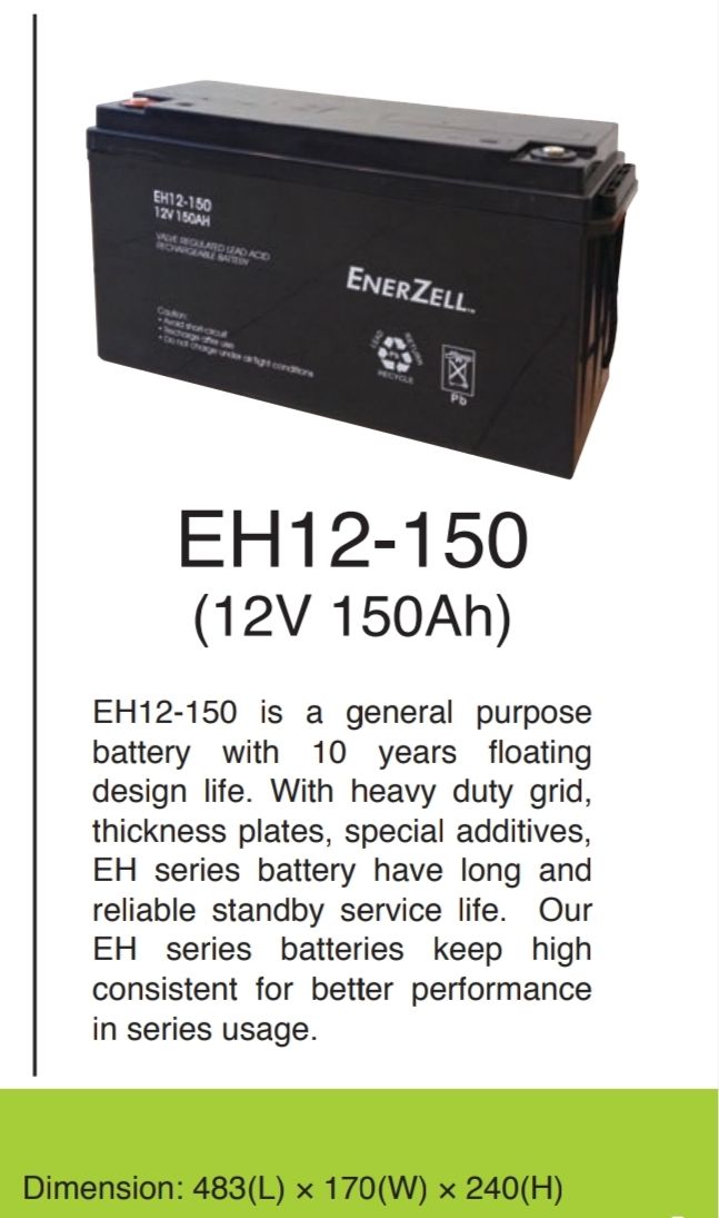 ENERZELL VRLA RECHARGEABLE BATTERY MODEL: EH12-150 (12V150Ah) - FREE DELIVERY OCHA ENERZELL VRLA RECHARGEABLE BATTERY MODEL: EH12-150 (12V150Ah) - FREE DELIVERY