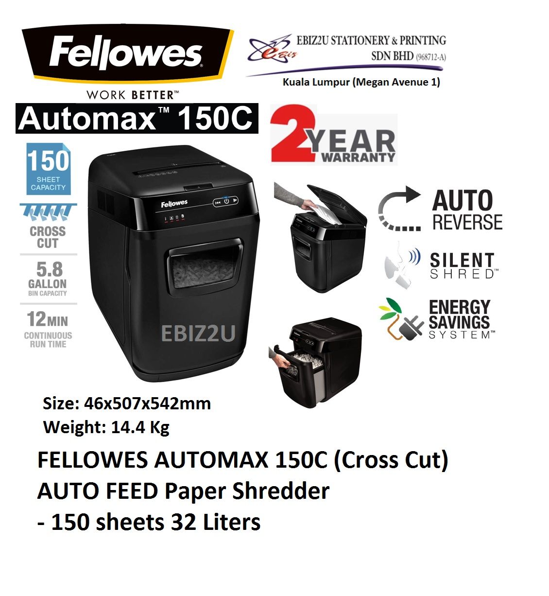 FELLOWES AUTOMAX 150C (Cross Cut) AUTO FEED Paper Shredder - 150 sheets 32 Liters (Cross Cut, Paper Shredder, Shredder Machine, Office Shredder, Heavy Duty Shredder, Mesin Penghancur Kertas)