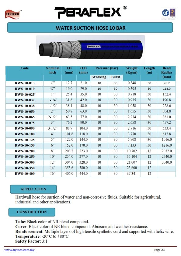 PRFLX PERAFLEX WATER SUCTION AND DELIVERY RUBBER HOSE, 01-PER-RWS-10-050