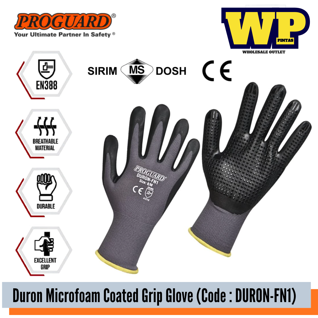 PROGUARD - DURON MICROFOAM COATED GRIP GLOVE(SIRIM & DOSH) - ALL SIZE / 15 GAUGE BLACK NYLON SHELL NITRILE DOT / GENERAL GLOVE / GRIP GLOVE / ABRASION RESISTANCE GLOVE / INDUSTRY GRADE GLOVE / HAND PROTECTION / GLOVE / DURON-FN1