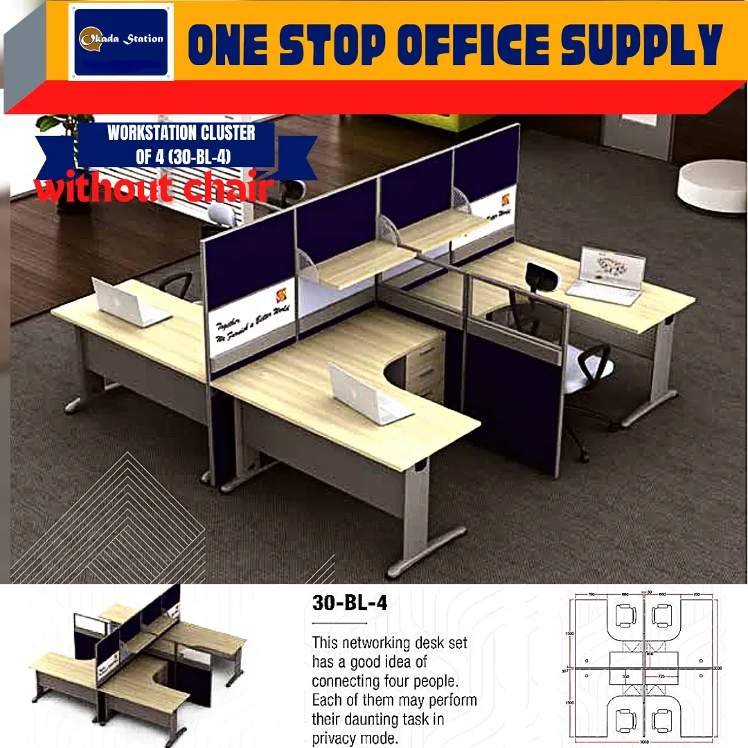 WORKSTATION SET CLUSTER OF 4 (WITHOUT CHAIR) -( 30-BL-4 ) / WORKSTATION / 30-SYSTEM / CLUSTER OF 4 / 30-BL-4 / TABLE TOP PANEL / OFFICE TABLE / 4 SEAT / OFFICE TABLE WITH PARTITION