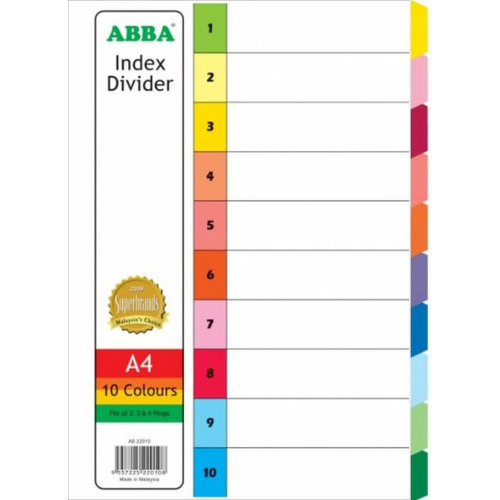 ABBA INDEX DIVIDER A4 PAPER 10 COLOUR