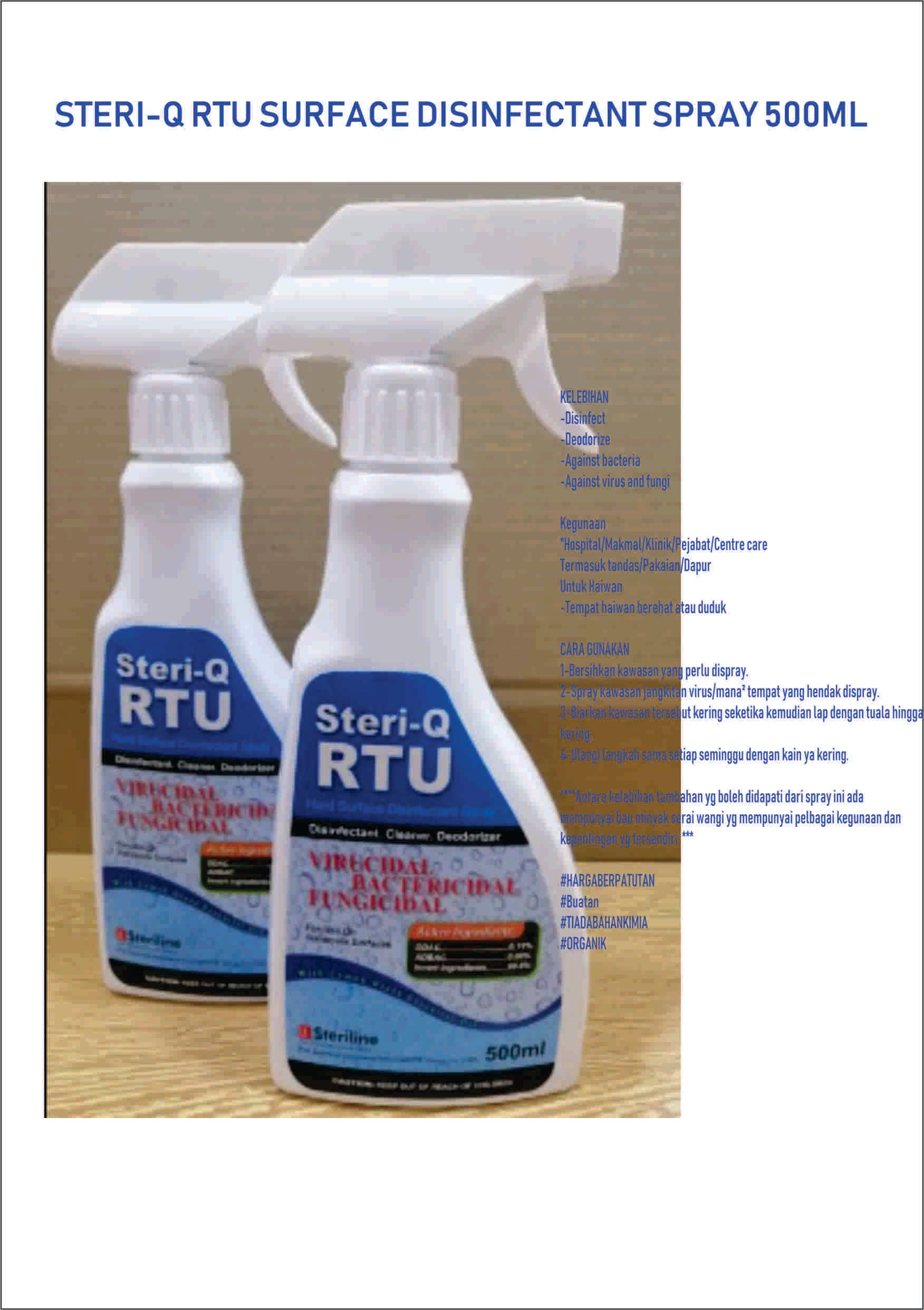 STERI-Q RTU HARD SURFACE DISINFECTANT SPRAY 500ML ( OCHA)-FREE DELIVERY SEMENANJUNG ONLY(OCHA)