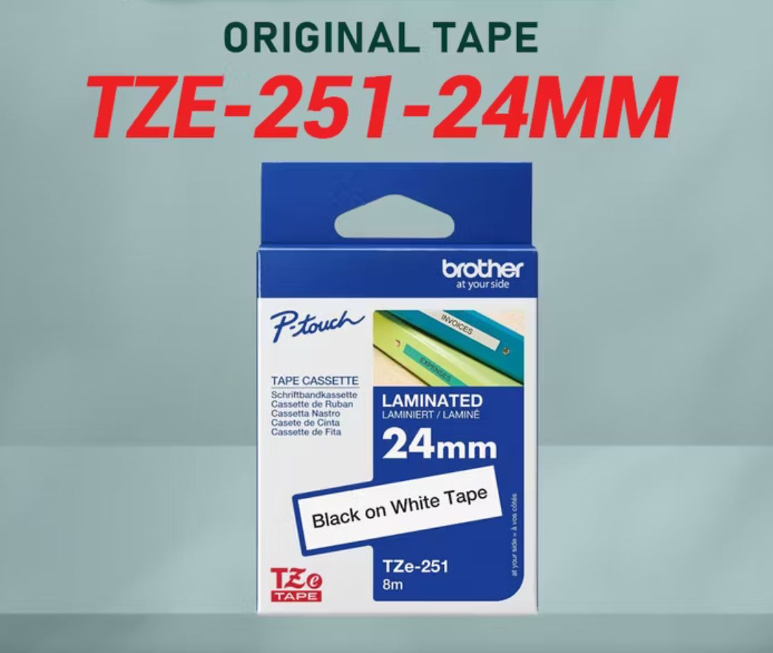 Brother Original TZe-251 24mm Black on White P-Touch Laminated Sticker Tape PT-D600 PT-P700 PT-P750W E550WVP P950NW