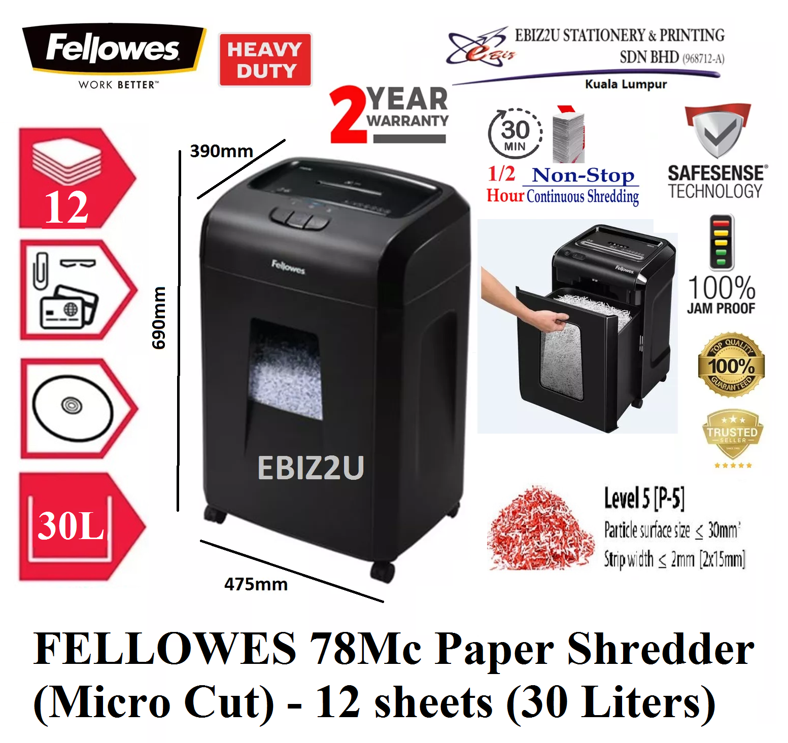 FELLOWES 78Mc Paper Shredder (Micro Cut - 2 x 12mm) - 12 sheets (30 Liters) (30 mins Non Stop Paper Shredder, Shredder Machine, A4 Paper Shredder, Office Shredder, Mesin Penghancur Kertas, Heavy Duty Shredder, Heavy Duty Paper Shredder)