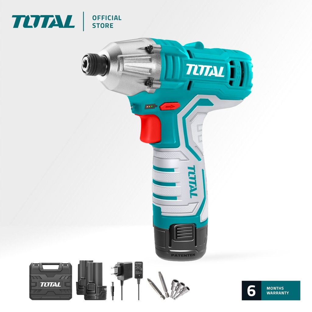 TOTAL TIRLI1201 LI-ION IMPACT DRIVER (PACKAGE COMES WITH 2 PCS 12V LITHIUM-ION 1.5AH BATTERIES / 1 PC 12V BATTERY CHARGER / 2 PCS CR-V BITS /1 PC SUITCASE)