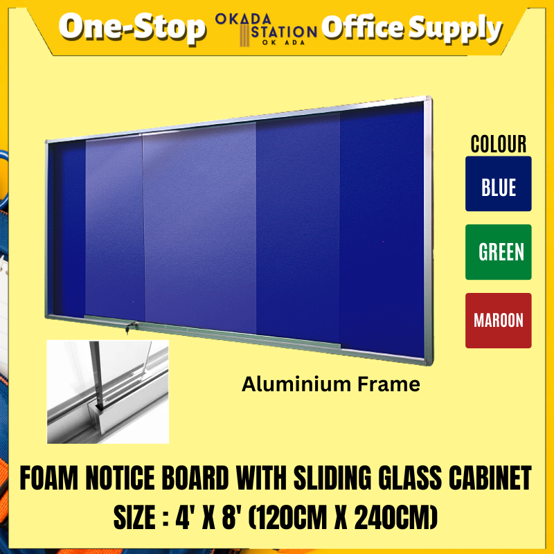 FOAM NOTICE BOARD WITH SLIDING GLASS CABINET / NOTICE BOARD / 4' X 8' / 4FT X 8FT / SCF-48 / COLOUR FOAM BOARD / FOAM NOTICE BOARD / FOAM BOARD WITH GLASS CABINET / SLIDING GLASS NOTICE BAORD / PIN BOARD