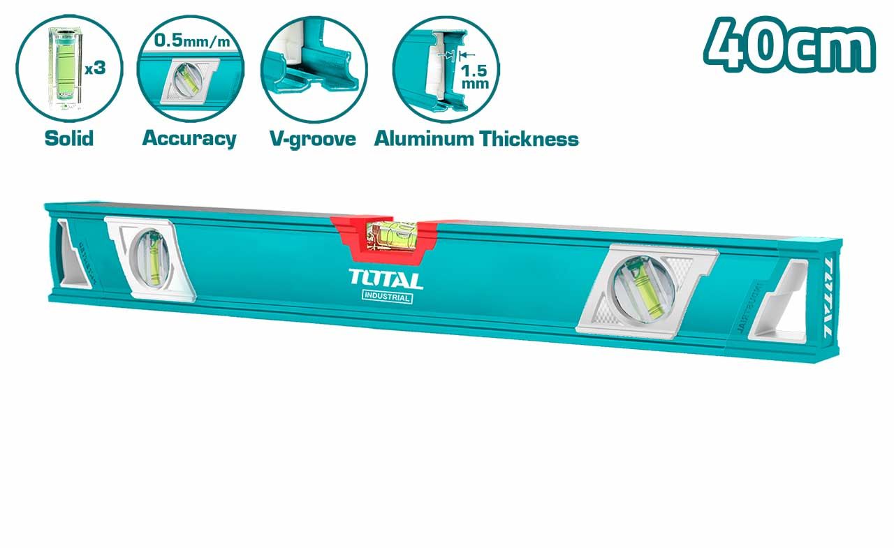 TOTAL SPIRIT LEVEL 40CM W/ V-GROOVE + 3 SPIRIT BUBBLE MILLED SURFACE - TMT24086
