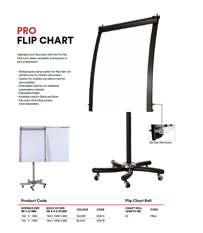 QP PRO FLIP CHART BOARD EX81S (SLIVER) 740 X 1800 X 600MM