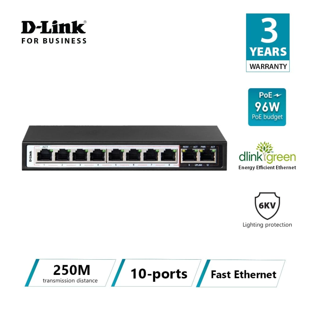 D-Link DES-F1010P-E 8 + 2 Port 100Mbps 250M POE Network Switches , Built to Power Extender POE Devices (POE Budget 96W)