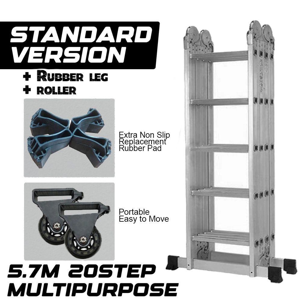 20 Step Aluminium Multipurpose Ladder Roller Folding Double Sided Ladder Tangga Lipat Aluminium Work Ladder M57ML+Roller+Rubber