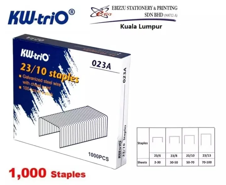 KW-TRIO 023A 23/10 HEAVY DUTY STAPLER 23/10 STAPLES (10mm) - 1000pcs (Staples, KW Staples, Heavy Duty Staples, Bullets)