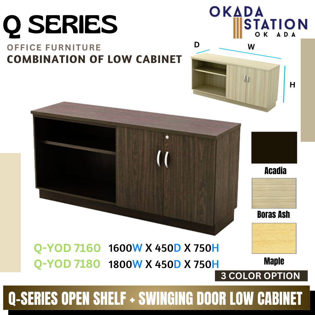 Q SERIES OPEN SHELF + SWINGING DOOR LOW CABINET- (Q-YOD 7160) (Q-YOD 7180) / Q SERIES / WOODEN LOW CABINET / COMBINATION LOW CABINET / OPEN SHELF + SWINGING DOOR CABINET/ LOW CABINET / CABINET