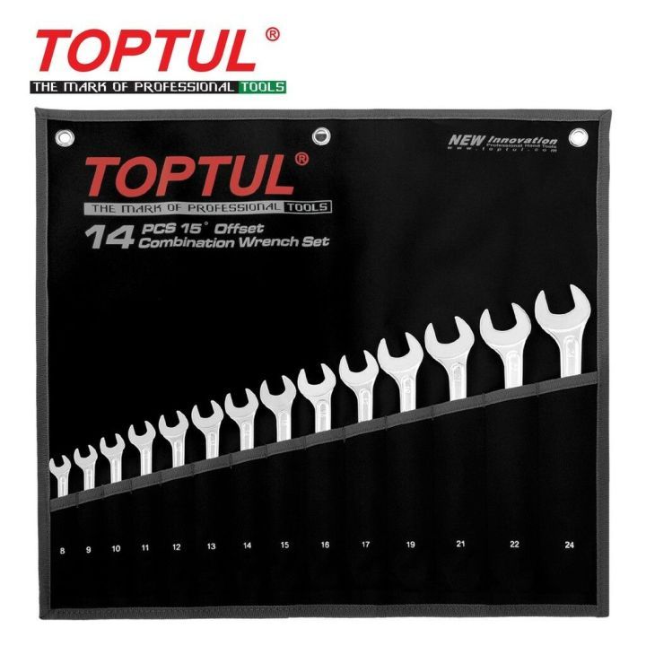 TOPTUL 14PCS 15° OFFSET HI-PERFORMANCE COMBINATION WRENCH SET METRIC POUCH BAG GPAX1402