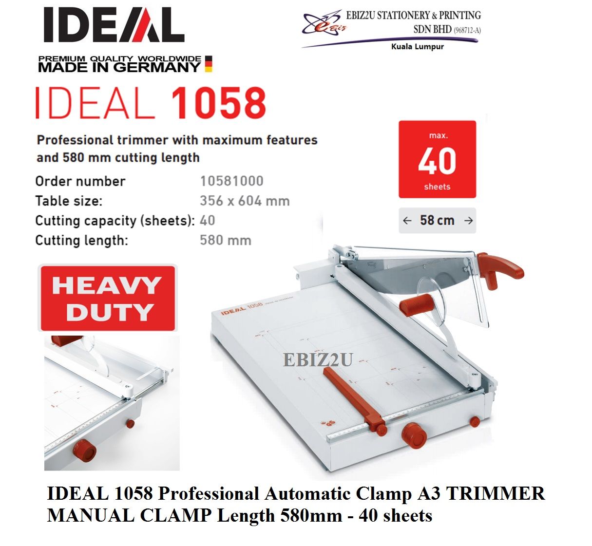 IDEAL 1058 Professional Automatic Clamp A3 TRIMMER MANUAL CLAMP Length 580mm - 40 sheets (Pemotong Kertas, Paper Cutter, Paper Cutter, Paper Trimmer, Heavy Duty Cutter, A4 paper cutter, A3 paper cutter)