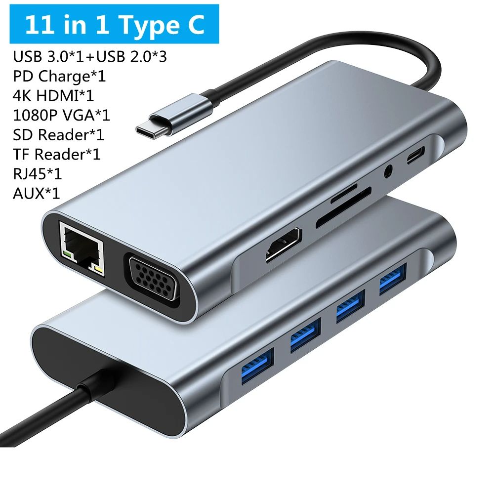 Dealzone Malaysia / Type C Adapter / 11 in 1 USB C Type Hub Adapter / Notebook Adapter / Computer Adapter / Type C to 4K HDMI-RJ45 / SD/TF Card Reader / Penyesuai Laptop