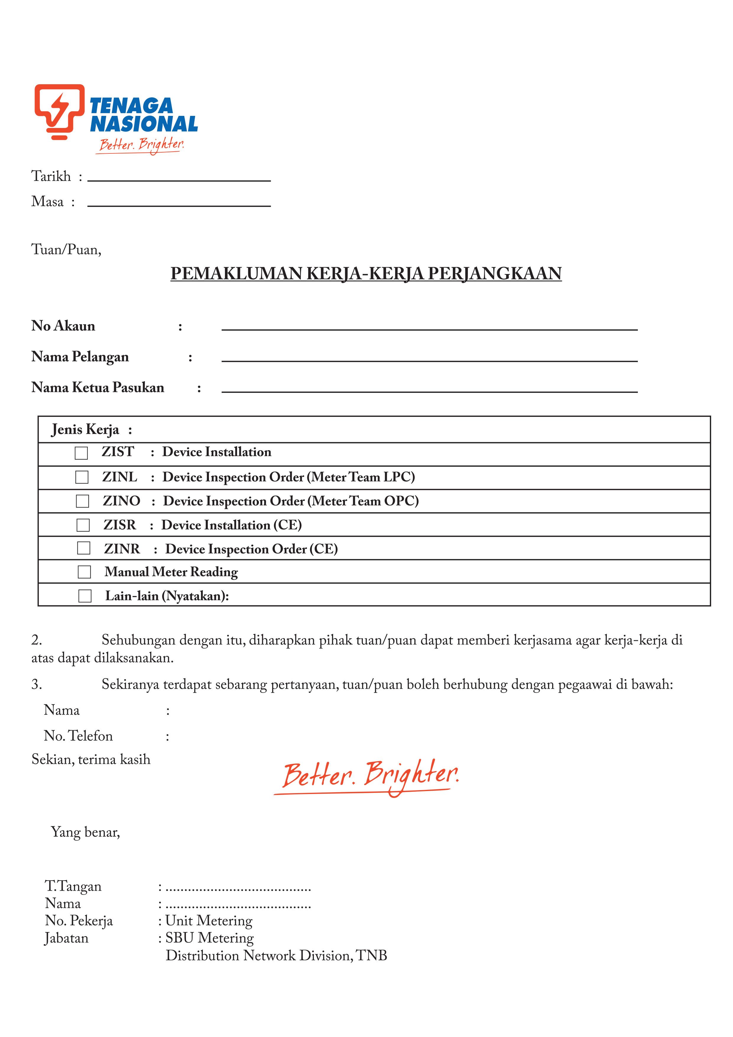 Borang Pemakluman Kerja-Kerja Perjangkaan