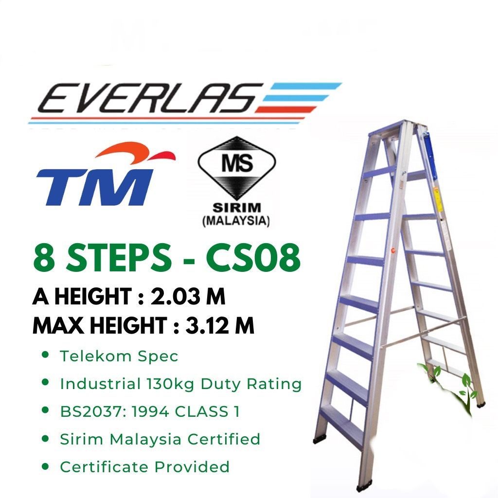 Everlas BS2037 1994(Class 1 Industrial) Heavy Duty Double Sided Ladder Spec Telekom 8 Steps (SIRIM)