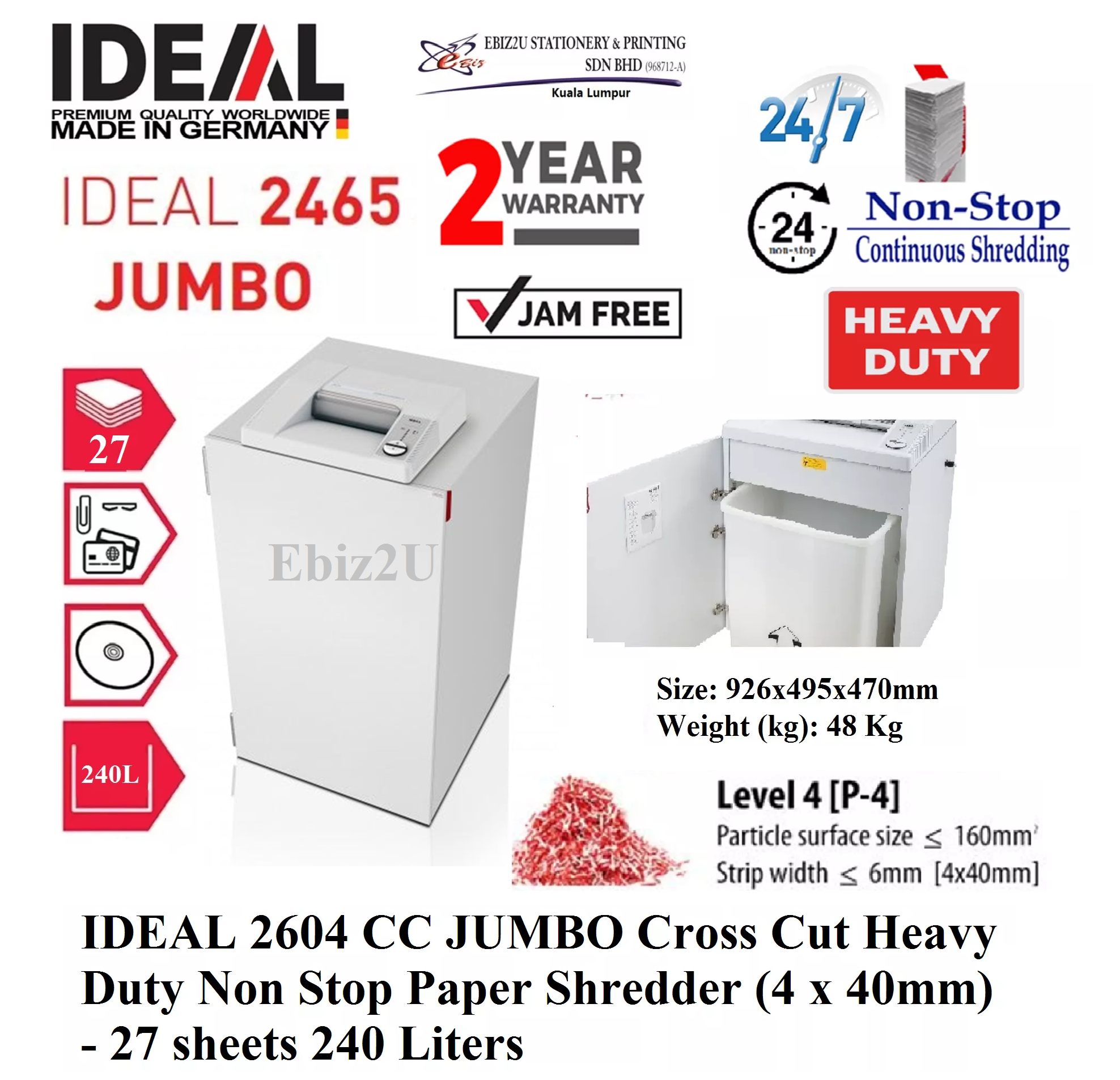 IDEAL 2604 CC JUMBO Cross Cut Heavy Duty Non Stop Paper Shredder 4x40mm - 17 sheets 240 Liters Paper Shredder, Shredder Machine, Office Shredder, Mesin Penghancur Kertas, Heavy Duty Shredder, Heavy Duty Paper Shredder