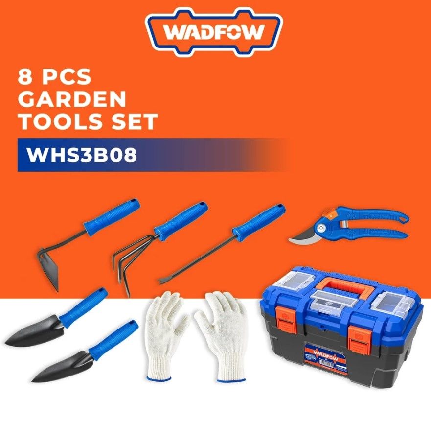 WADFOW GARDEN TOOLS SET WITH PRUNING SHEARS + HAND TROWEL + RAKE + HOE + WEEDER + GLOVES + TOOL BOX (8 PCS) WHS3B08