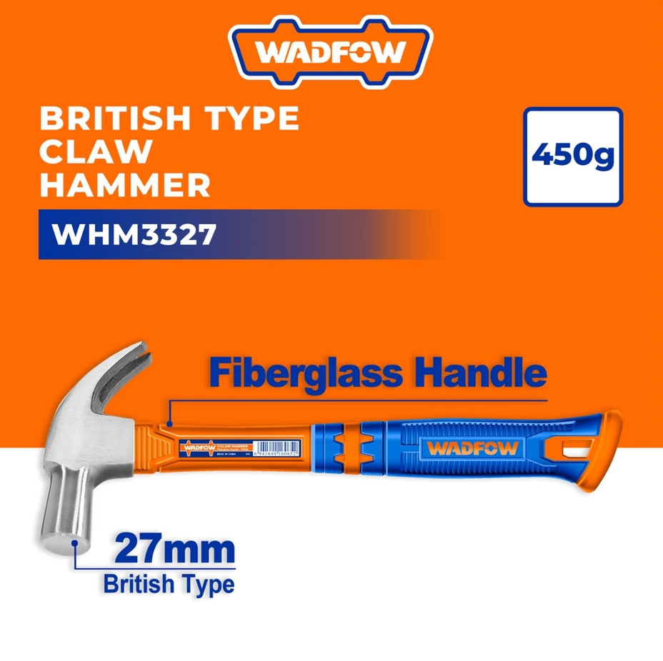 WADFOW BRITISH TYPE CLAW HAMMER FIBERGLASS HANDLE & DROP FORGED CARBON STEEL HEAD (450G) (WHM3327)