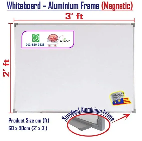 Magnetic Whiteboard - 2' kaki x 3' kaki / Papan Tulis Whiteboard # Aluminum Frame With Marker Pen & Duster Holder # Holder Ukuran : 60cm x 90cm # Writebest # RP-0228-01 (KTT : 1 Unit)