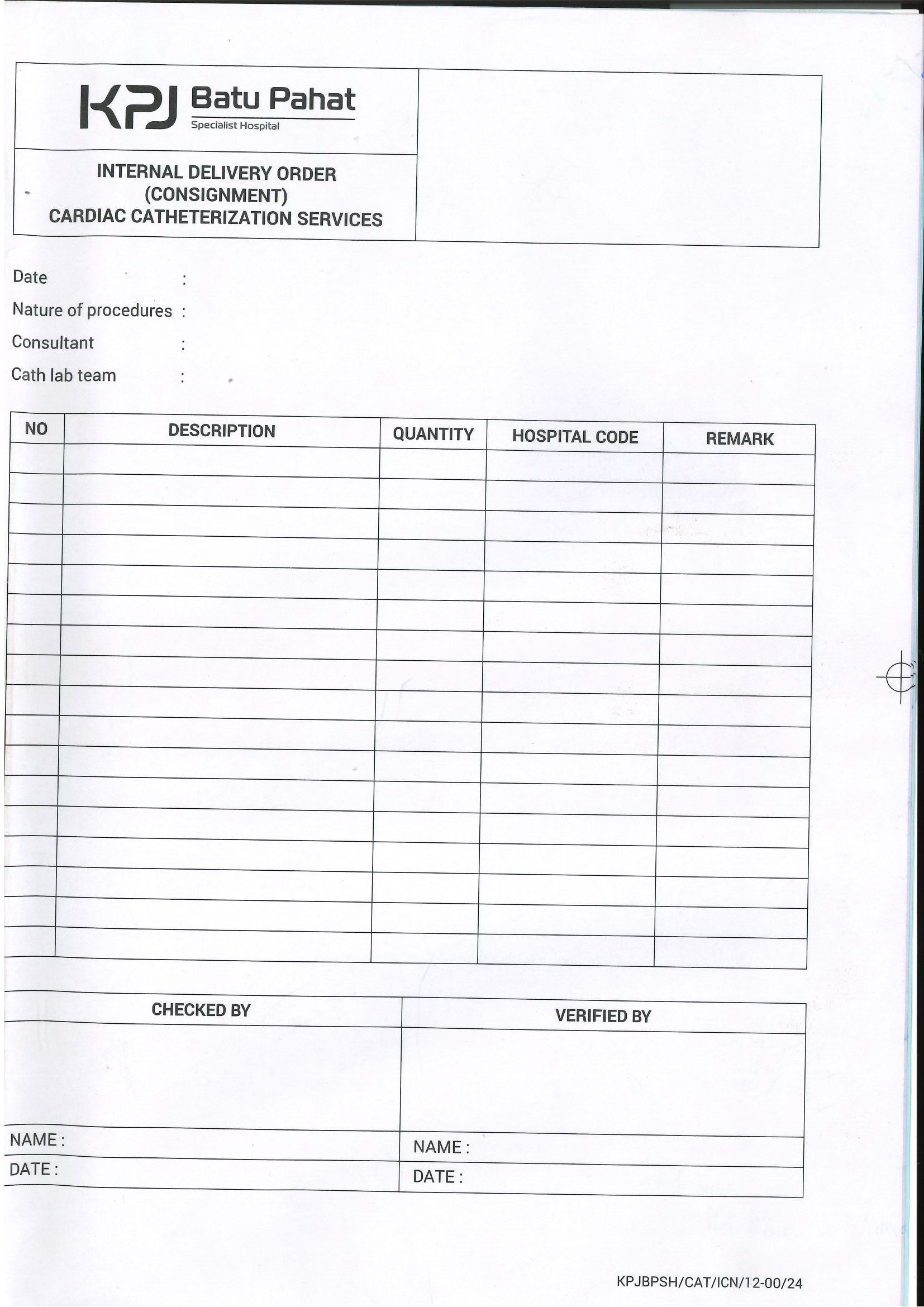 Internal Delivery Order (Consignment) Cardiac Catheterization Services