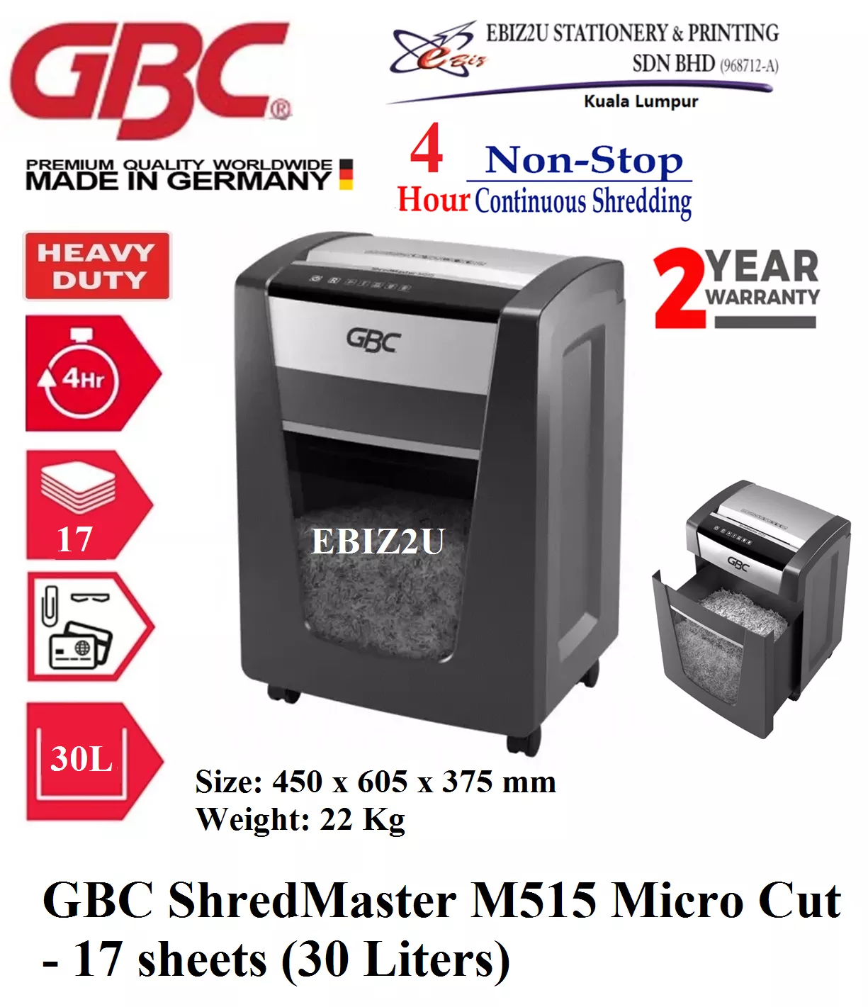 GBC ShredMaster M515 Paper Shredder Micro Cut - 17 sheets (30 Liters) (Shredder Machine, Paper Shredder, Cross Cut, Office Shredder, Mesin Penghancur Kertas, home paper shredder, personal paper shredder, personal shredder)